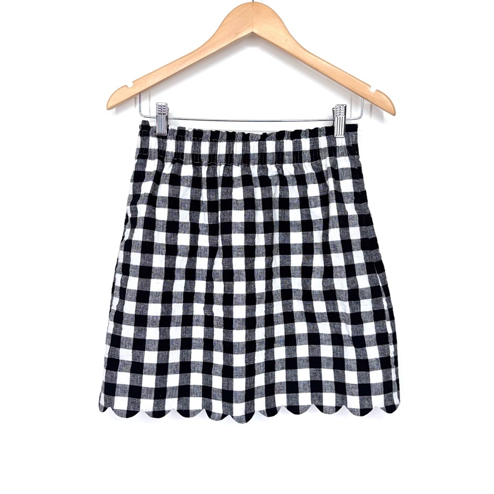J. Crew Black & White Gingham Plaid Linen Cotton Pull On Mini Skirt Size 2